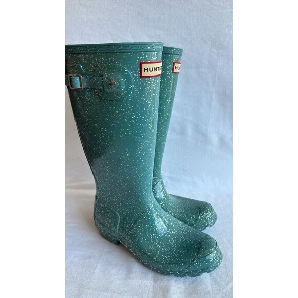 Hunter Tall Glitter Rain Boots Teal Green Waterproof Original Size US 5 - Picture 1 of 9
